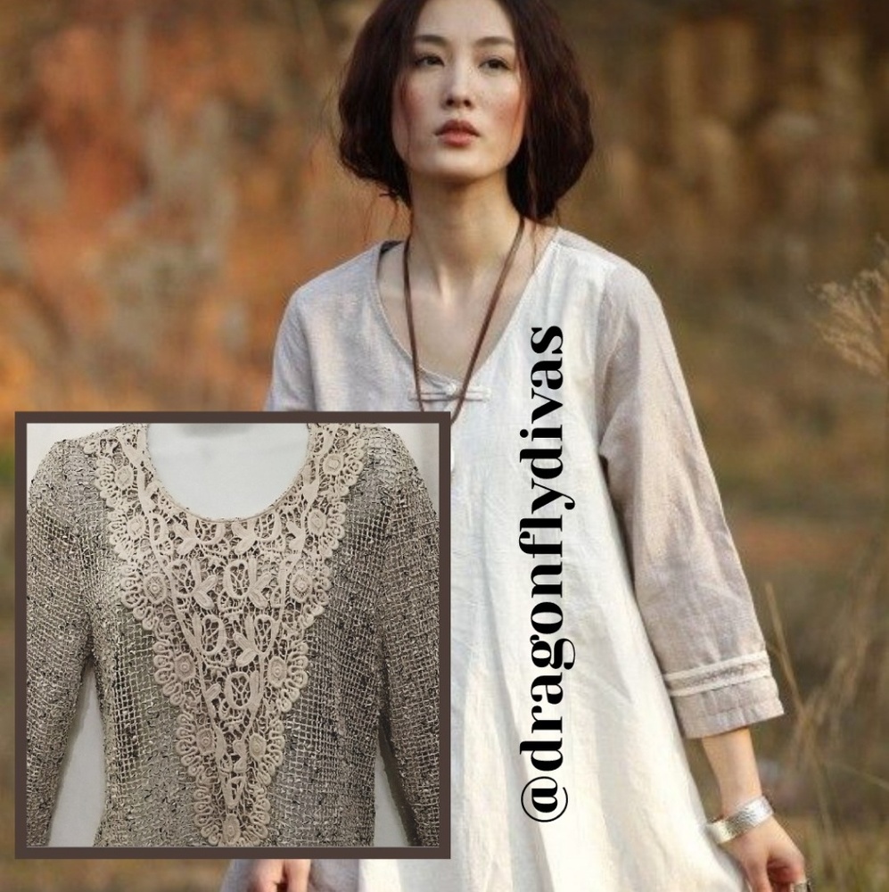 Boho Open Weave Lace Front Tunic Top - image 1